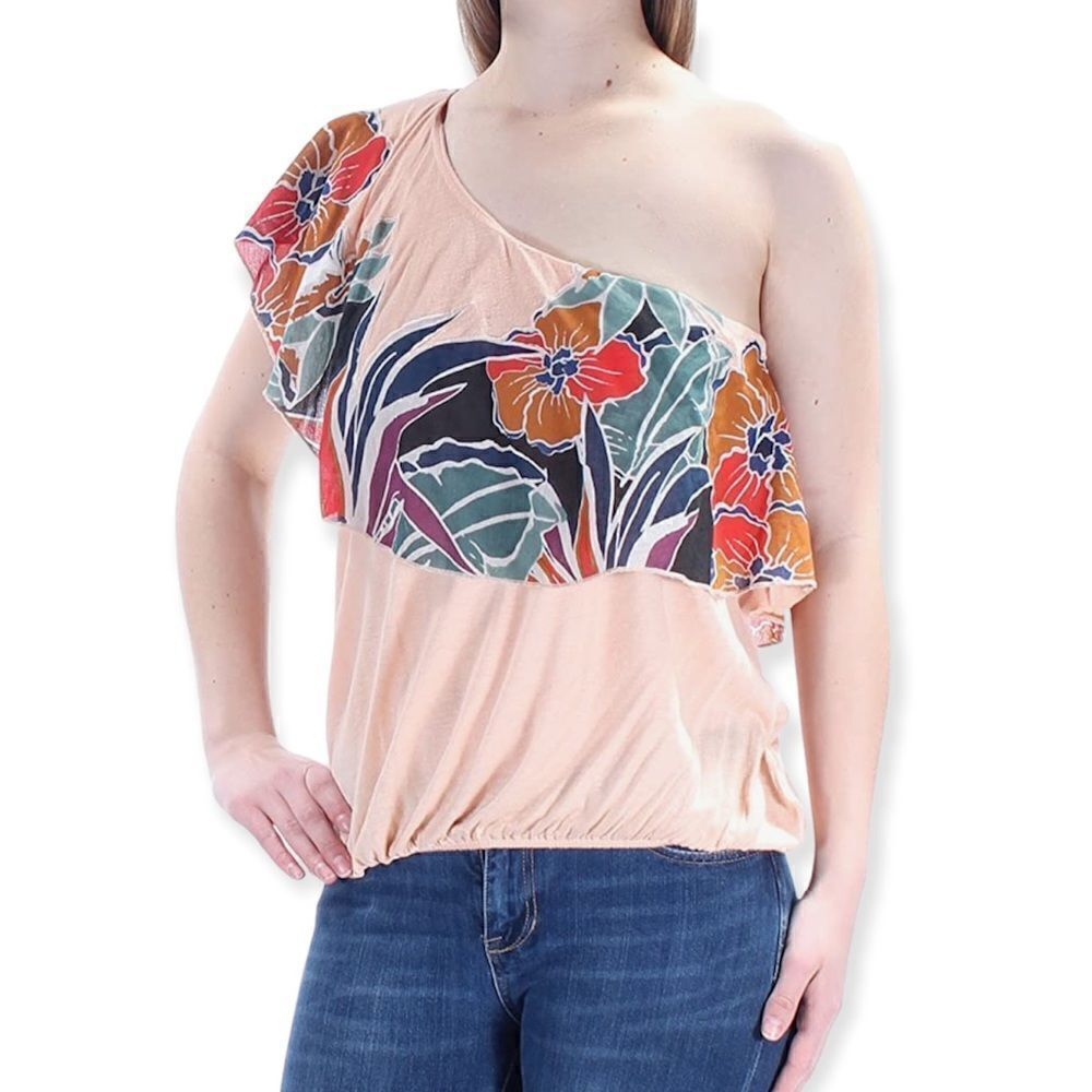 Free People NWT Peach Floral One-Shoulder Ruffle Linen-Blend Tank Top Size XS